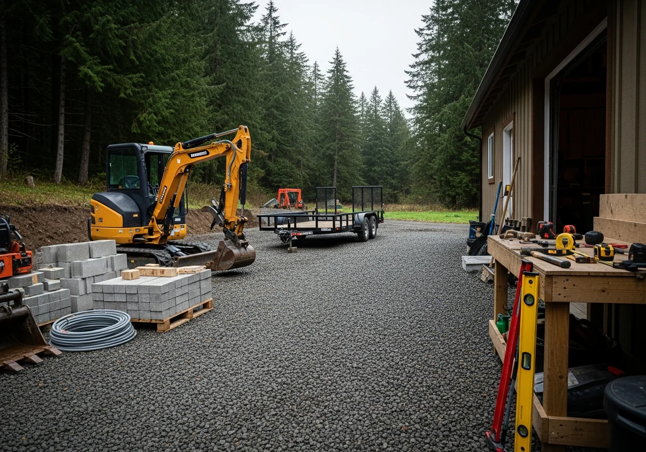 Construction crew equipment and tools staged at a job site, ready for mobile home installation and site preparation work.