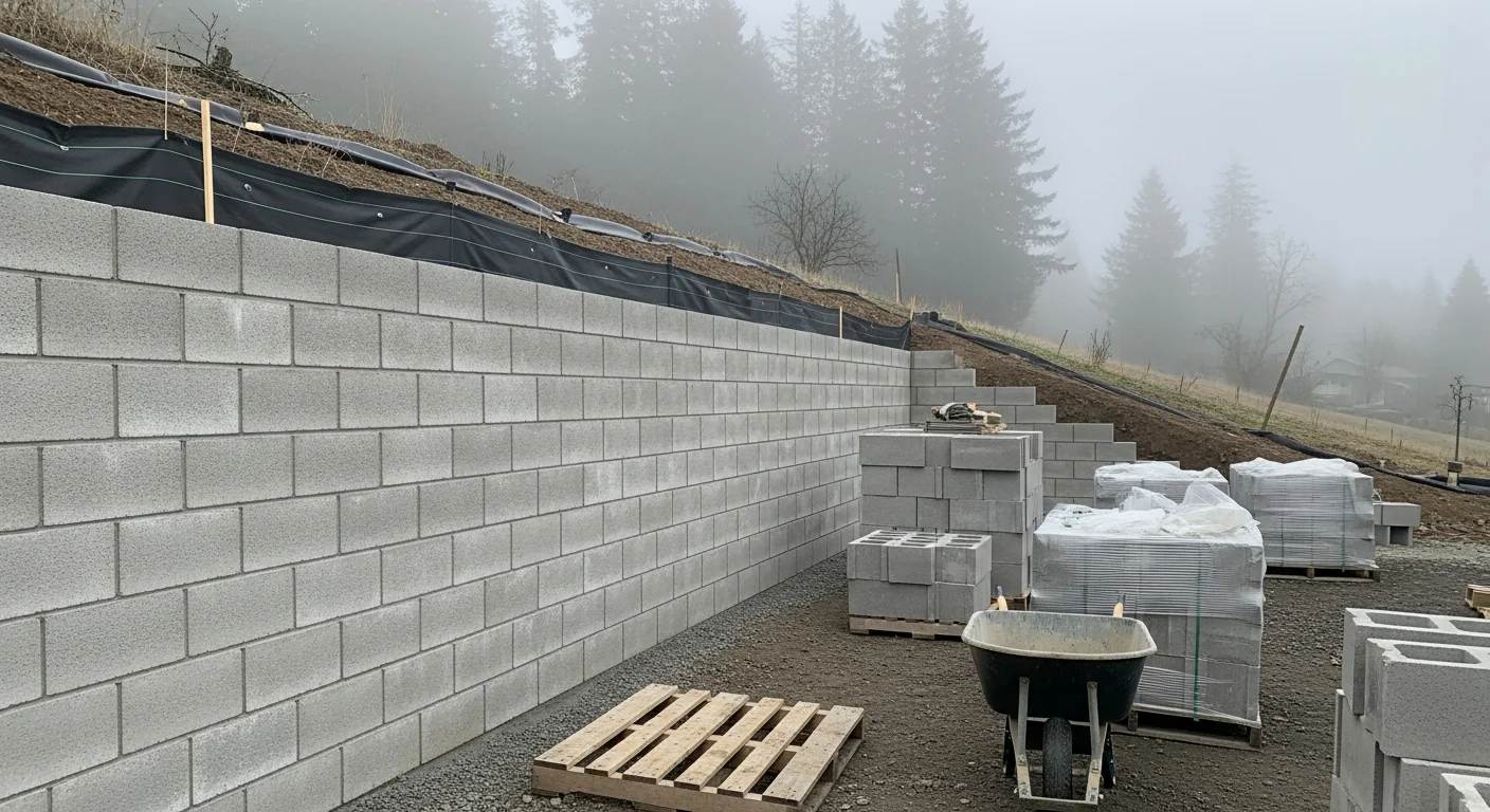 Retaining wall construction with concrete and stone in Oregon