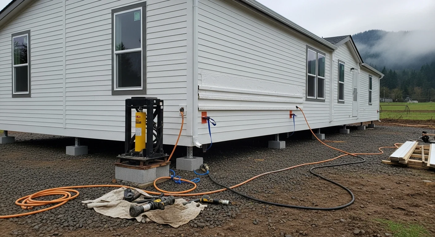 Licensed mobile home installation crew setting up manufactured home in Oregon