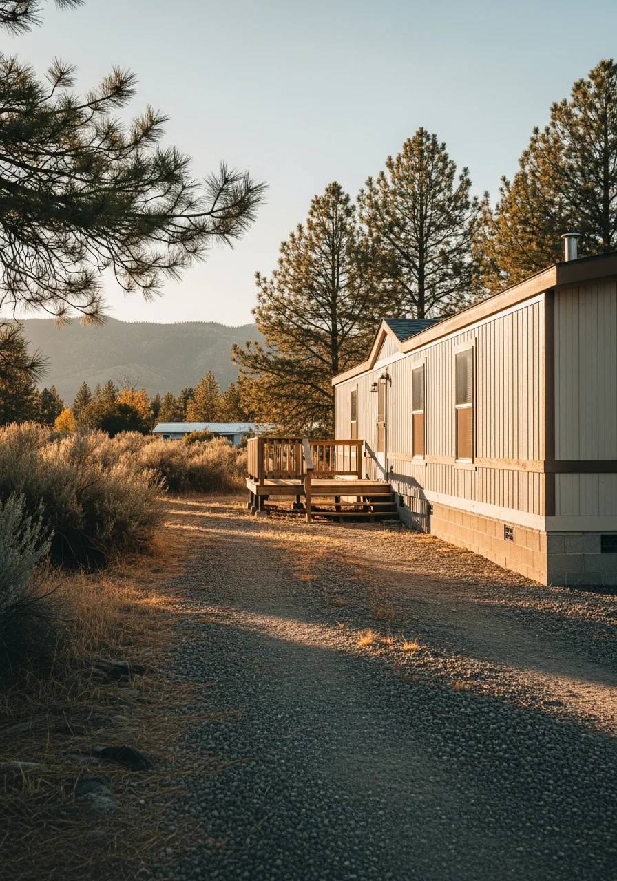Close-up of a mobile home owner standing in front of their property in an Idaho community with typical regional setting.