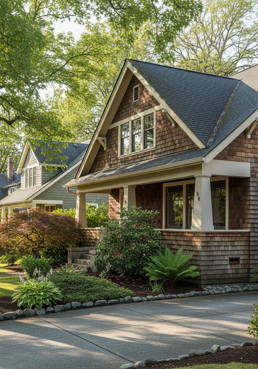 Close-up of a homeowner standing in front of their property in a Portland suburb, with established neighborhood homes visible in the background.