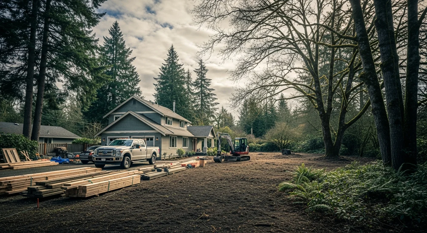 Wide view of a well-maintained residential property in Northwest Oregon with mature trees and clear sky, showing typical Willamette Valley landscape.