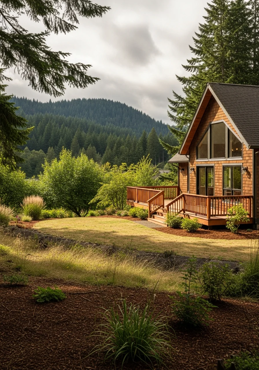 Portrait of a satisfied customer standing on their Oregon property with regional landscape features visible behind them.