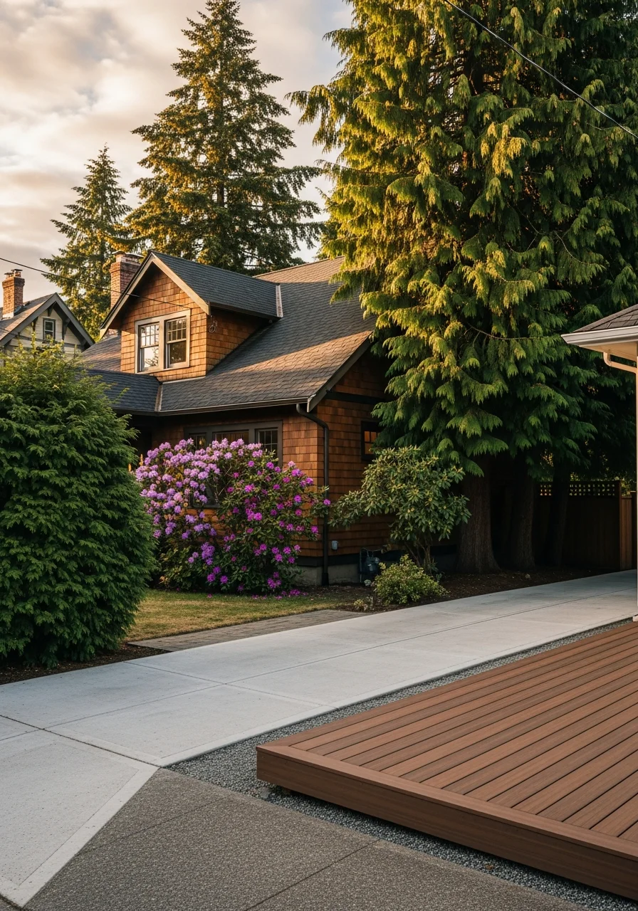 Homeowner standing in front of their Washington property with typical Pacific Northwest vegetation and architecture visible.