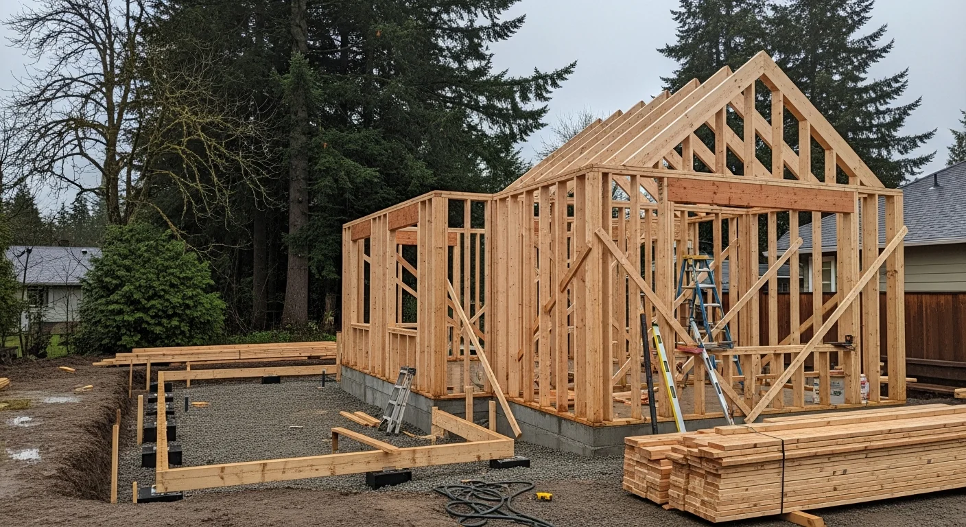 A newly constructed detached ADU backyard cottage on a residential lot in Northwest Oregon, featuring a covered entry and wood-framed exterior. The primary home is visible in the background, showing the secondary unit's placement within the property.