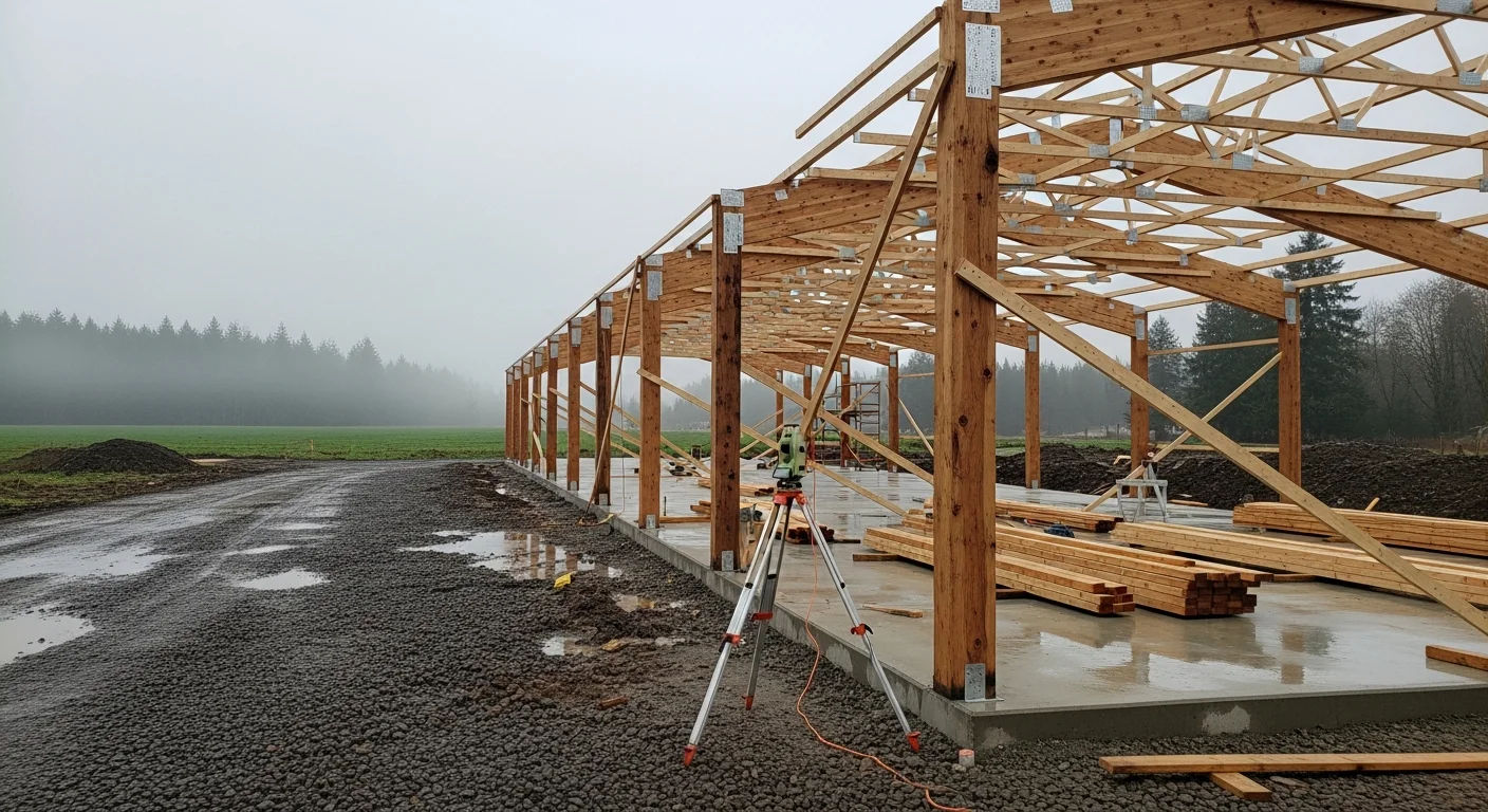 A completed post-frame agricultural building on a rural farm property in Northwest Oregon, featuring wide equipment doors and an open clear-span interior. The structure sits on a graded site with visible drainage preparation suited to the region's wet climate.