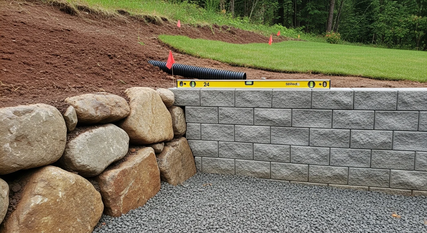 A finished boulder retaining wall set into a sloped residential backyard in Northwest Oregon, with natural stone stacked to create a flat terraced area above. A concrete block wall section runs along the lower grade, showing clean interlocking courses and gravel backfill at the base.
