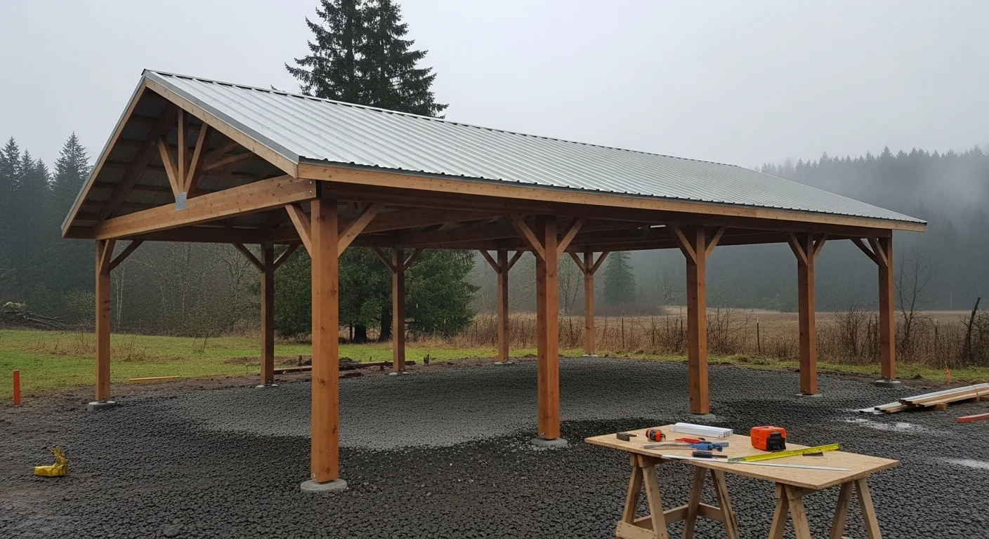 A newly constructed residential carport on a northwest Oregon property, showing a covered structure with a pitched roof designed to shed rain. The carport shelters two vehicles on a paved surface beside a single-family home.