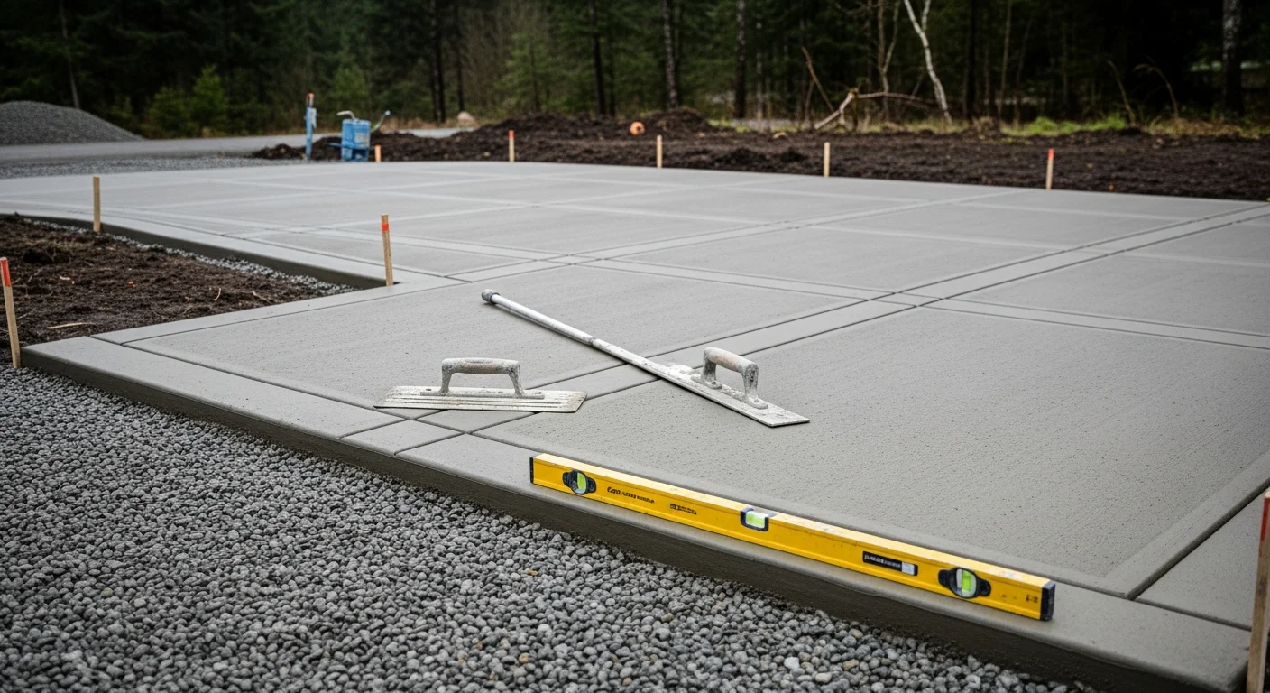 A freshly poured and finished concrete driveway at a residential property in Northwest Oregon, showing clean edges, a smooth surface, and proper slope for rain drainage. The surrounding landscape reflects the region's wet climate with green vegetation and overcast skies.