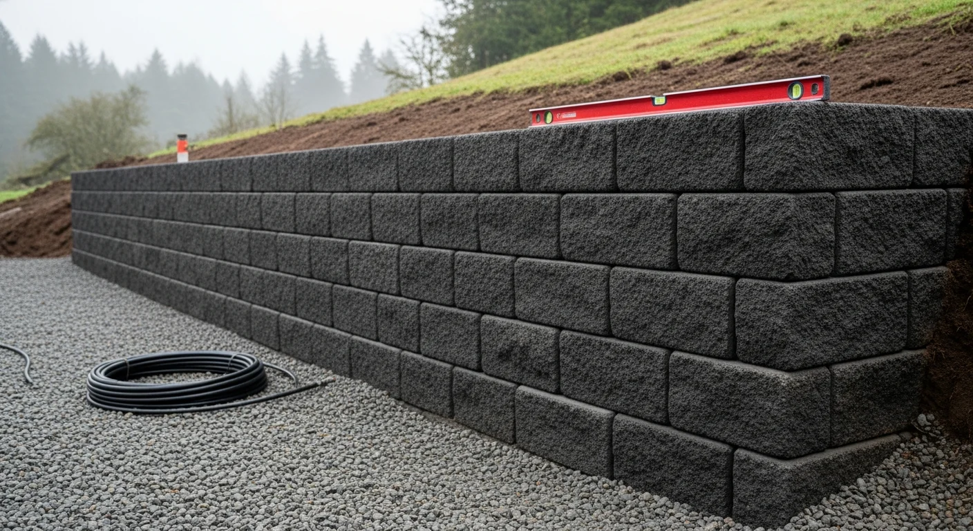 A finished masonry retaining wall holding back a sloped hillside yard on a residential property in Northwest Oregon. Stone coursework is level and tight, with visible drainage gravel at the base and stable soil behind the wall.
