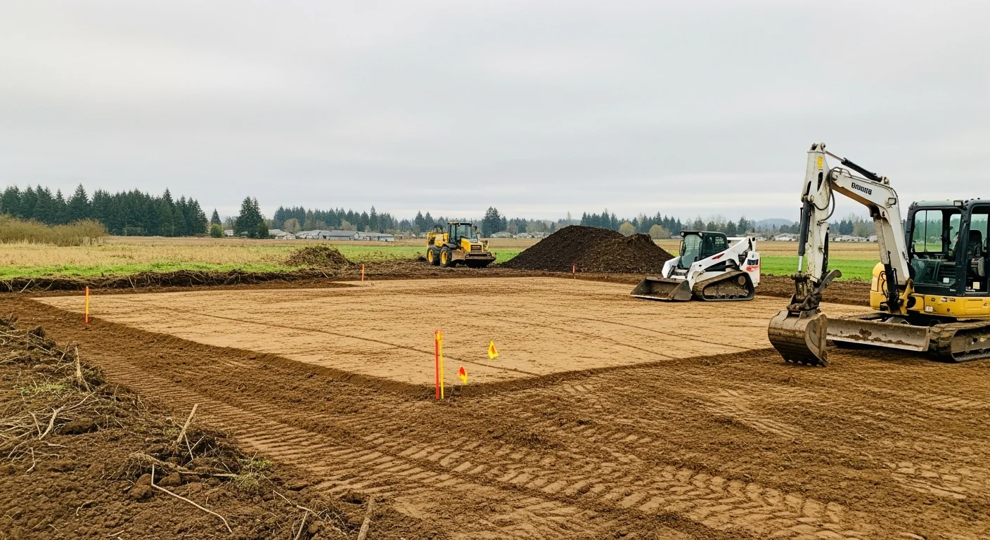 A tracked excavator operated by Holladay and Sons LLC digging a foundation trench on a residential lot in Northwest Oregon, with cleared soil staged to the side and surrounding trees visible in the background.