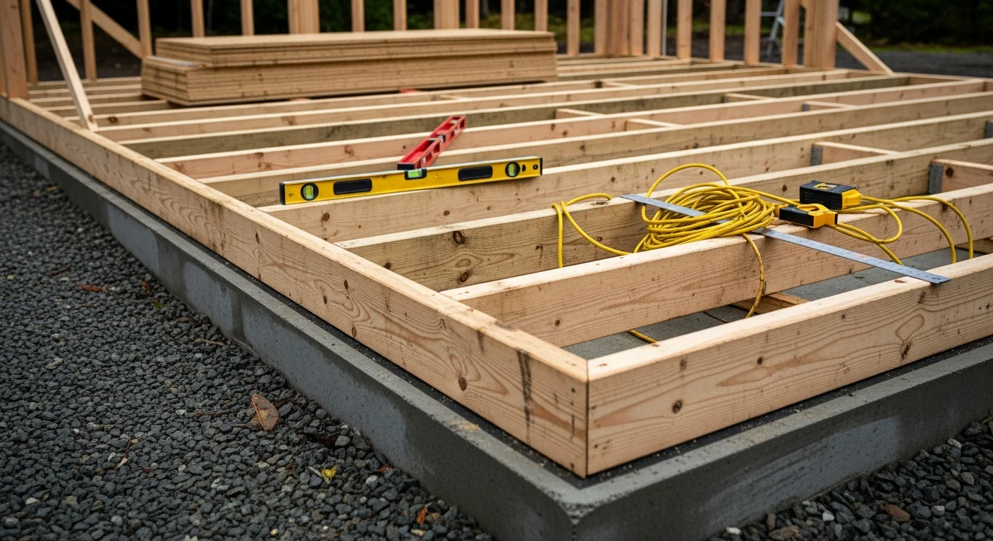A newly constructed detached garage with a pitched roof on a residential property in northwest Oregon. The structure features exterior wood framing and a concrete driveway approach under overcast Pacific Northwest skies.