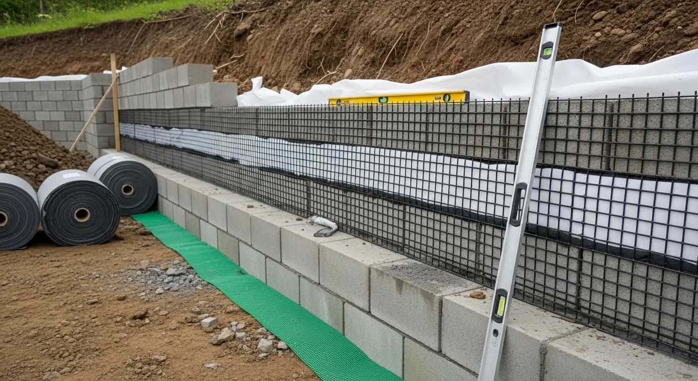 A reinforced masonry retaining wall with visible geogrid layers extending into compacted backfill on a sloped northwest Oregon residential property. Geotextile fabric lines the drainage zone behind the wall face, with compacted soil layers built up in horizontal lifts.