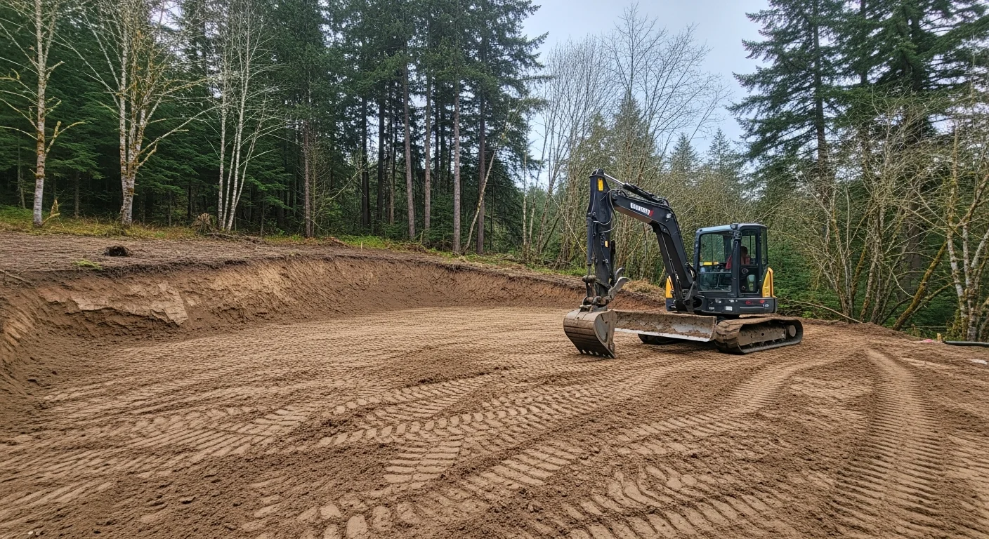 A graded residential lot in northwest Oregon with a smooth, sloped surface ready for construction. A compact excavator sits at the edge of the site with cleared soil graded away from the building area.