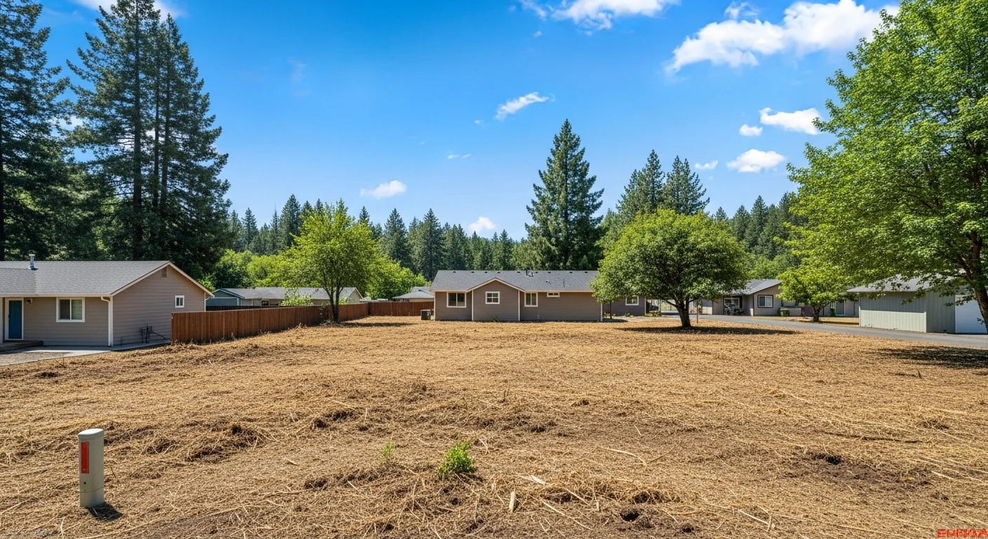 A Northwest Oregon rural property after professional land clearing by Holladay and Sons LLC, showing open, level ground with stumps and brush removed. Excavation equipment is visible at the edge of the cleared site with forested hillside in the background.