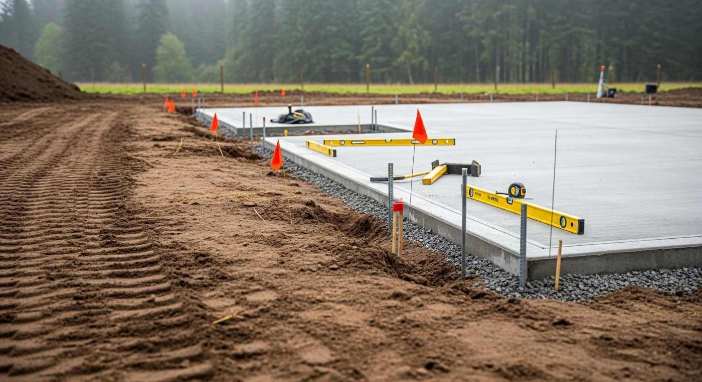 A manufactured home being set and leveled on a prepared site in northwest Oregon, with foundation blocks in place and utility connections visible at the base. A licensed installer checks tie-down anchors along the home's frame on a cleared, graded lot.