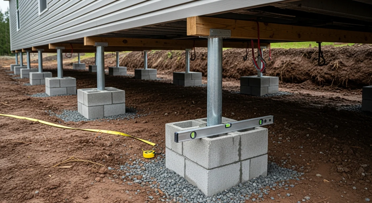A manufactured home set on a concrete pier and block foundation on a leveled lot in northwest Oregon. Steel tie-down straps are visible along the home's frame, with the surrounding ground graded for drainage.