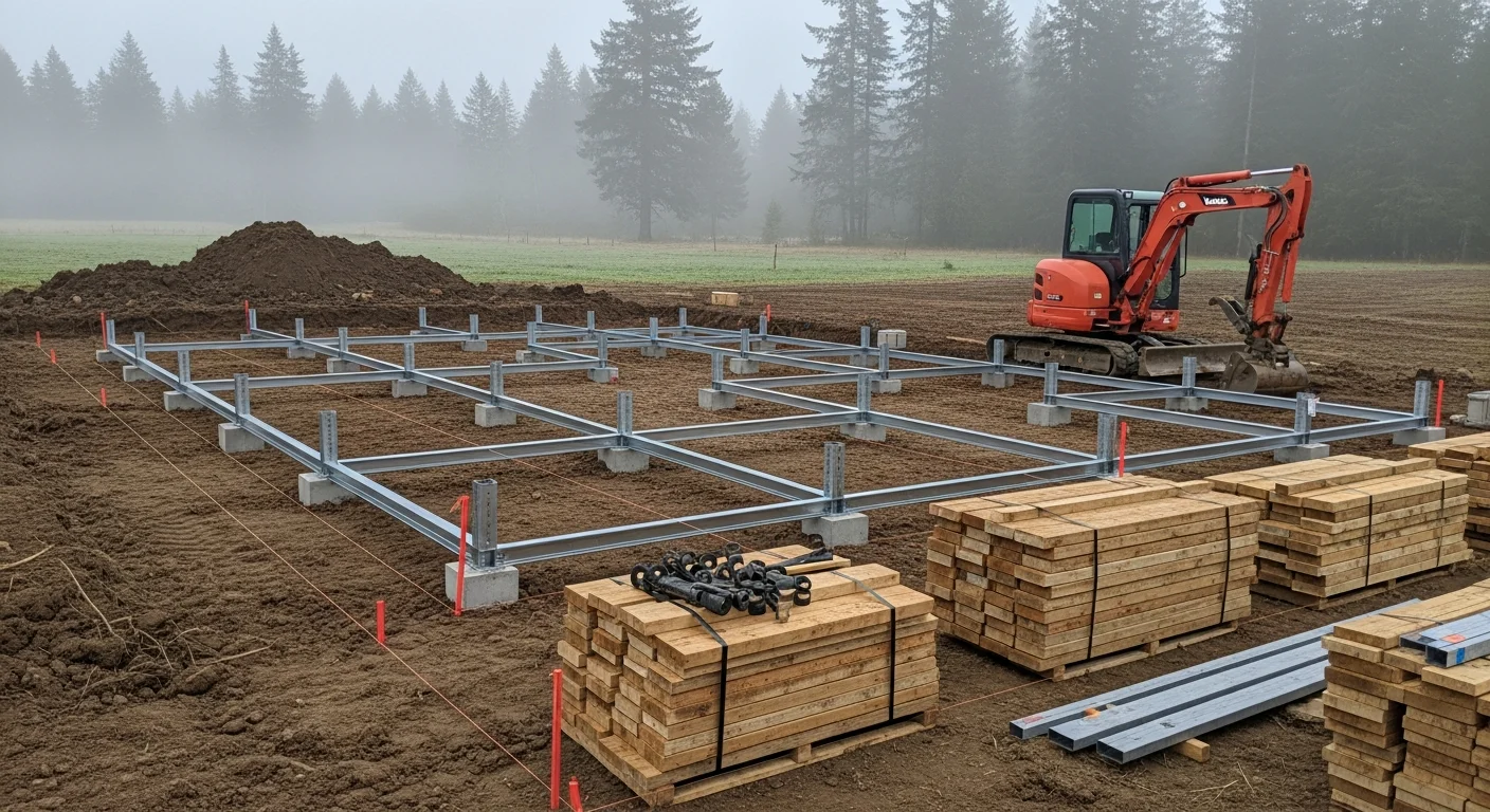 A manufactured home set on a prepared foundation pad on a northwest Oregon rural lot, with graded soil, skirting in place, and utility connections visible at the base. A licensed installer from Holladay and Sons LLC oversees the final placement.