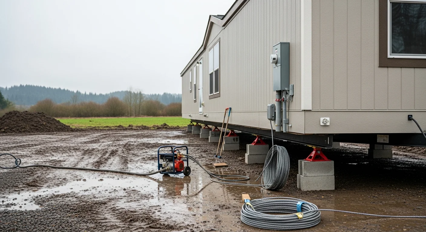 A double-wide manufactured home being leveled and blocked on a cleared lot in northwest Oregon, with a crew member checking the foundation alignment. The surrounding landscape shows the typical mix of evergreen trees and soft terrain common to the region.