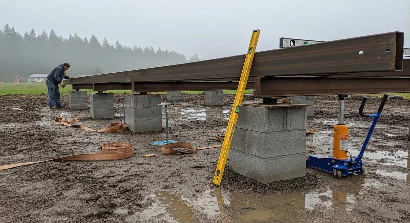A mobile home fully set up on a northwest Oregon lot with concrete block piers, steel tie-down anchors, and skirting installed around the base. The home sits level on a prepared site with cleared ground visible around the foundation.