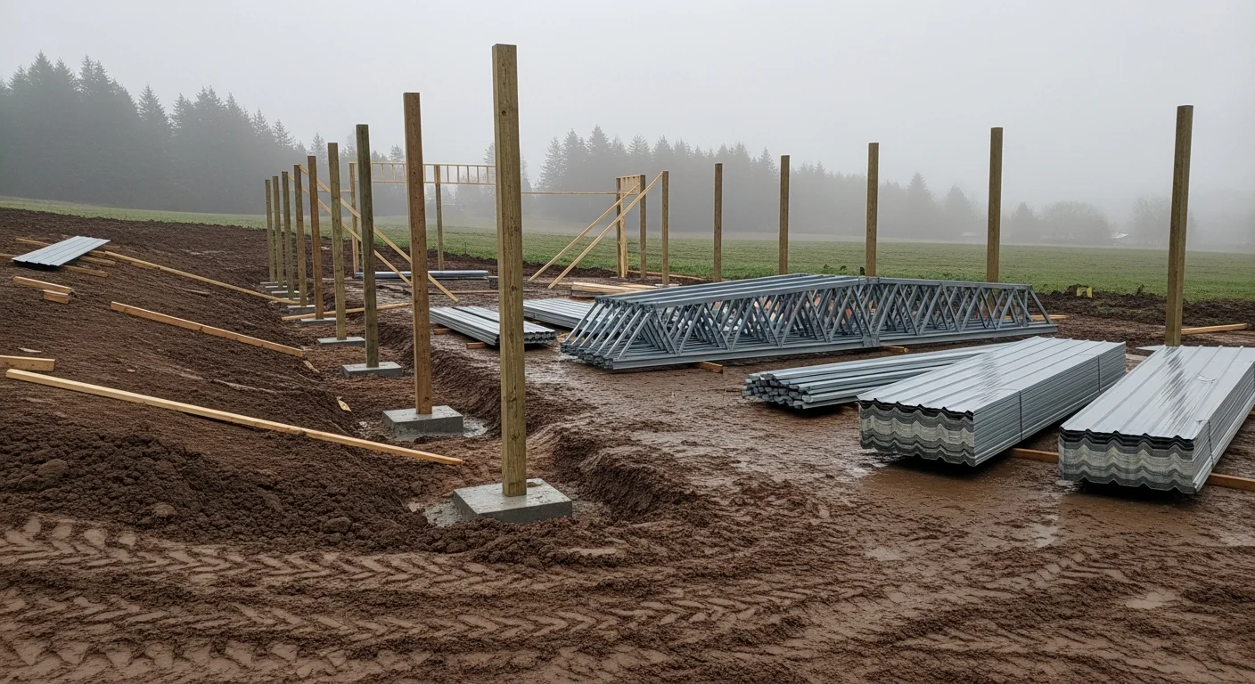 A large post-frame pole barn with metal roofing and wide sliding doors on a rural northwest Oregon property. The structure sits on a graded gravel pad surrounded by open farmland under a cloudy Pacific Northwest sky.