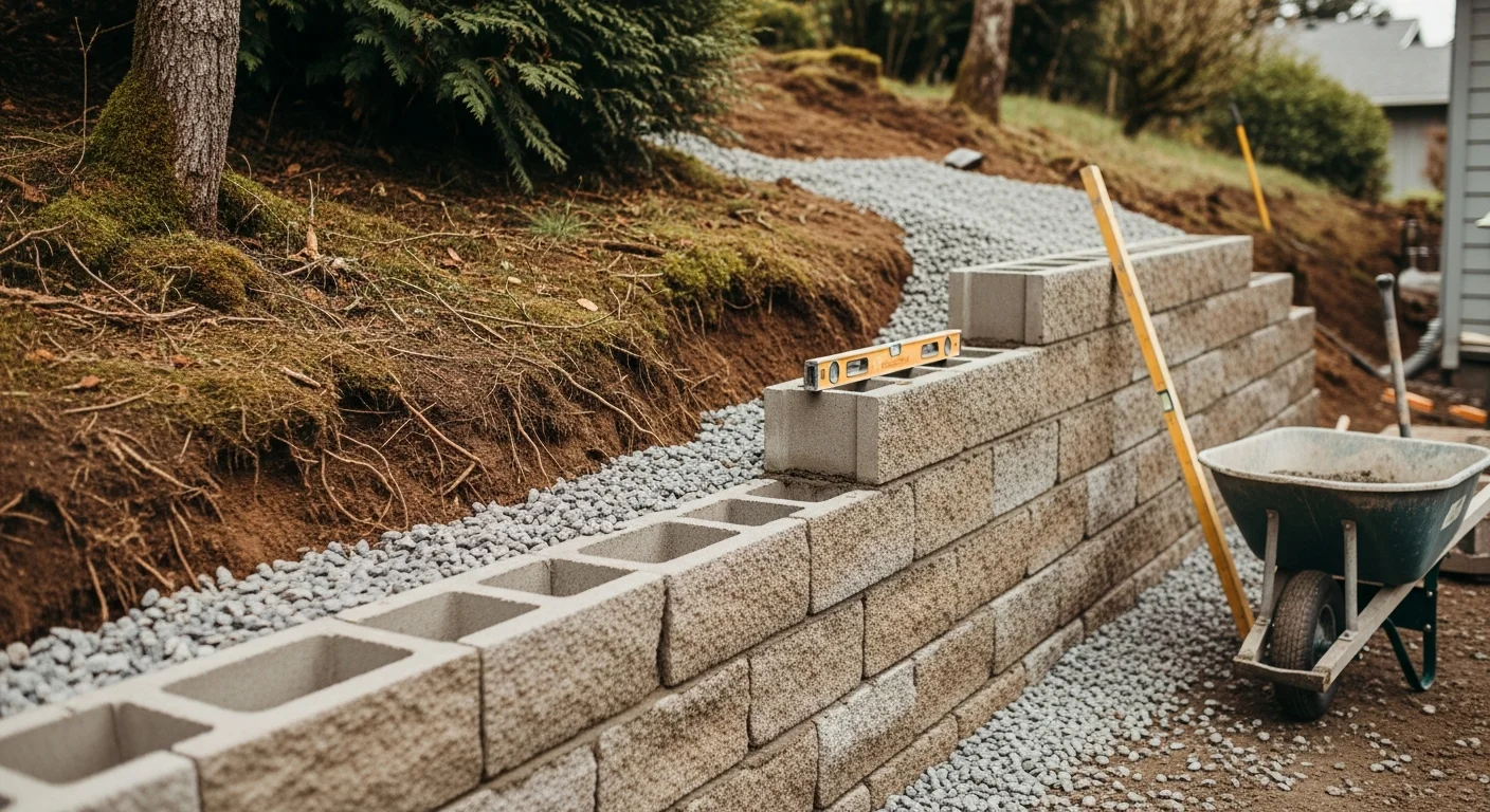 A finished masonry retaining wall on a sloped residential property in NW Oregon, with stacked stone courses holding back a hillside and a level yard area visible in the foreground. The wall shows clean joint lines and a gravel drainage layer at the base.