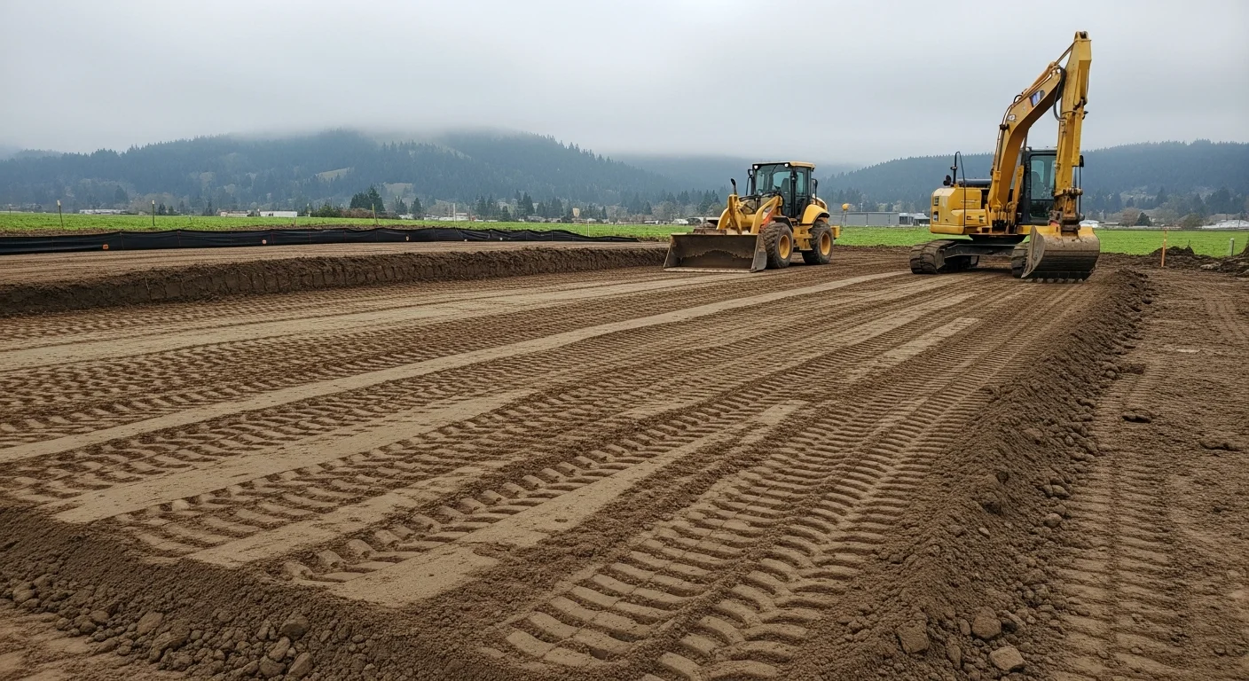 A Northwest Oregon residential lot cleared and rough-graded by Holladay and Sons LLC, showing level earthwork and defined drainage slopes ready for foundation construction. Heavy equipment tracks visible across compacted soil on an overcast Pacific Northwest day.
