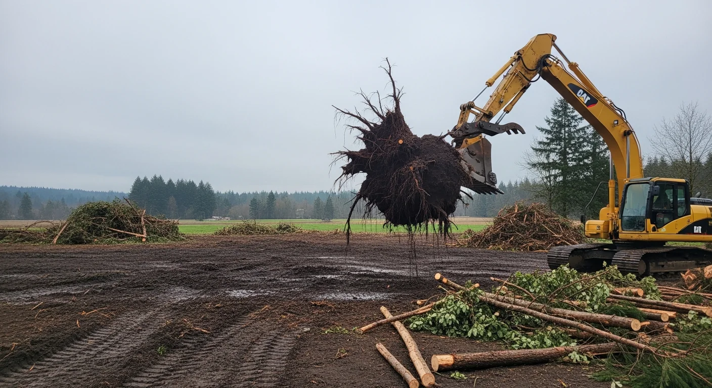 An excavator removing a large uprooted Douglas-fir and root ball from a residential property in Northwest Oregon after a windstorm. The cleared area shows disturbed soil ready for regrading.